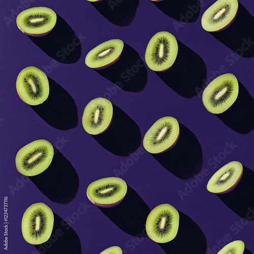 Flat lay pattern of pealed kiwi against dark purple background photo