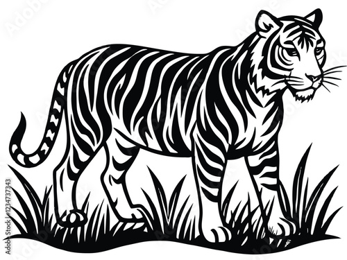 Tiger Silhouette Vector Art in Black and White, Wild Tiger Illustration Vector Design for Printing and Craft Projects 