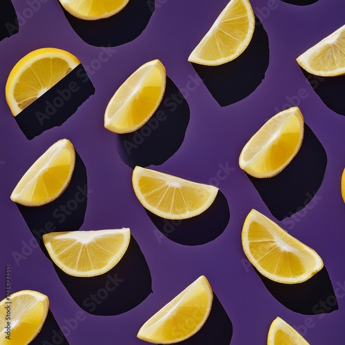 Flat lay pattern of pealed lemon against dark purple background