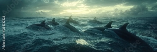 A pod of dolphins swimming in the ocean.