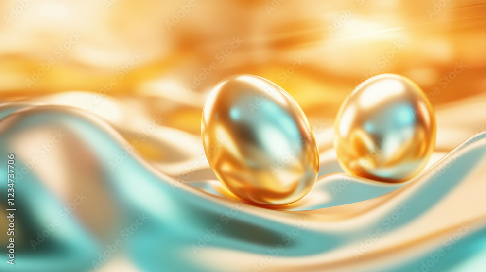 Luxurious golden eggs on smooth, shimmering surface create elegant scene Luxurious golden eggs on smooth, shimmering surface create elegant scene