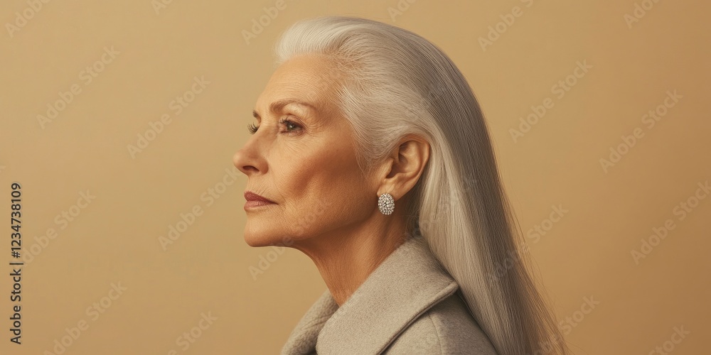 side view of an elegant older woman with long white hair, wearing diamond earrings and a light gray coat against beige background side view of an elegant older woman with long white hair, wearing diamond earrings and a light gray coat against beige background