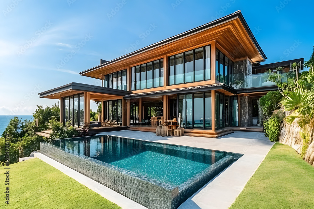 A wide-angle photo of a modern, minimalist house with a pool A wide-angle photo of a modern, minimalist house with a pool