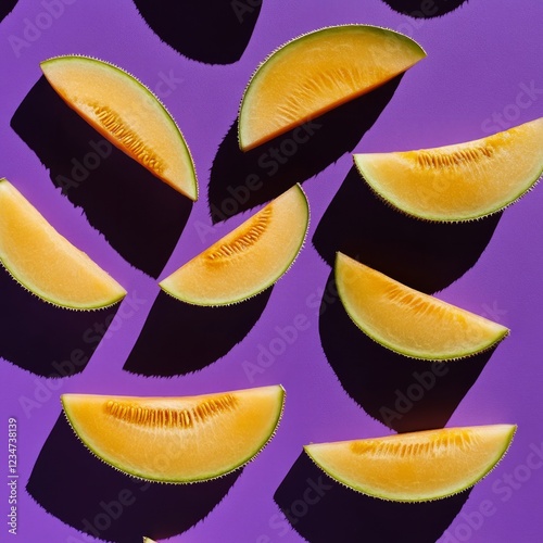 Flat lay pattern of pealed melon against deep purple background photo