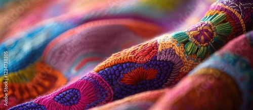 Colorful embroidered textile with intricate patterns and textures showing depth and detail Copy Space photo