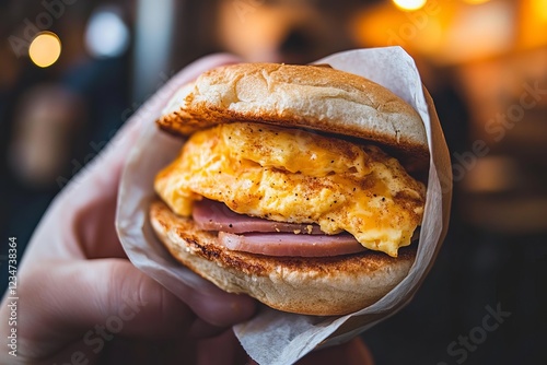 Breakfast Sandwich with Egg Ham and Cheese on Toasted English Muffin Held in Hand