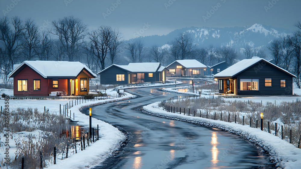Winter village homes, snow road, mountain view, evening Winter village homes, snow road, mountain view, evening