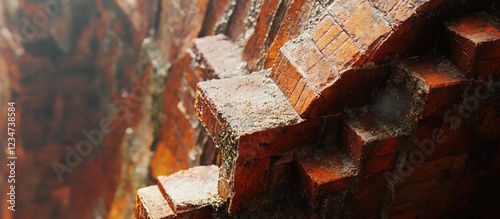 Close-up of ancient red brick stairway with moss and water droplets on uneven steps against blurred background Copy Space