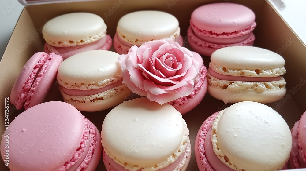 Fototapeta premium Pink and white macarons in a box, with a rose on top of the cream.