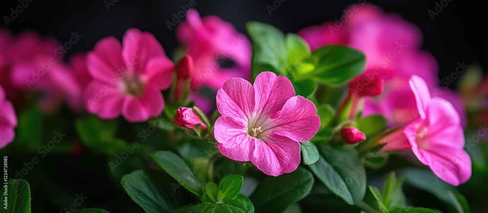 Vibrant pink flowers with lush green leaves on a black background featuring Copy Space for text placement. Vibrant pink flowers with lush green leaves on a black background featuring Copy Space for text placement.