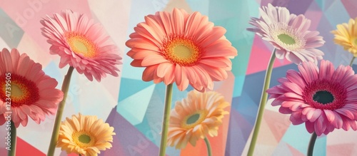Colorful Gerbera daisies on a geometric background with Copy Space for text placement