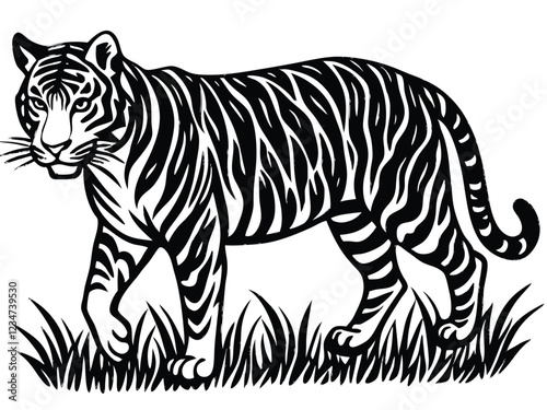 Tiger Silhouette Vector Art in Black and White, Wild Tiger Illustration Vector Design for Printing and Craft Projects 