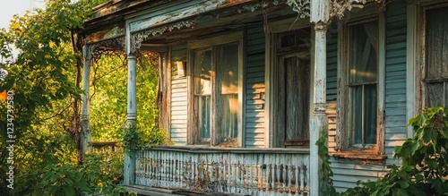 Weathered vintage house exterior with overgrown foliage and peeling paint, showcasing classic architectural details and Copy Space.