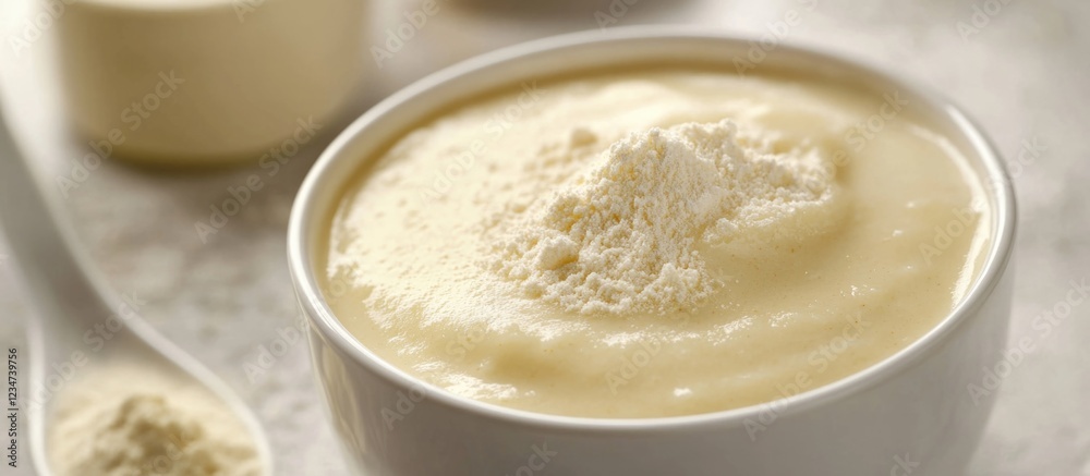 Bowl of creamy white powdery substance with spoon on light textured background Copy Space Bowl of creamy white powdery substance with spoon on light textured background Copy Space