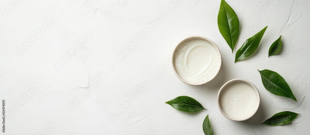 Minimalist flat lay of two white bowls with cream and green leaves on a light background with copy space for text. Minimalist flat lay of two white bowls with cream and green leaves on a light background with copy space for text.