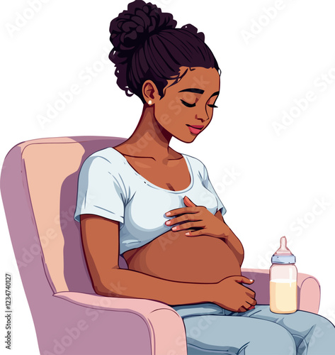 Pregnant woman touching belly and holding baby bottle, anticipation and care