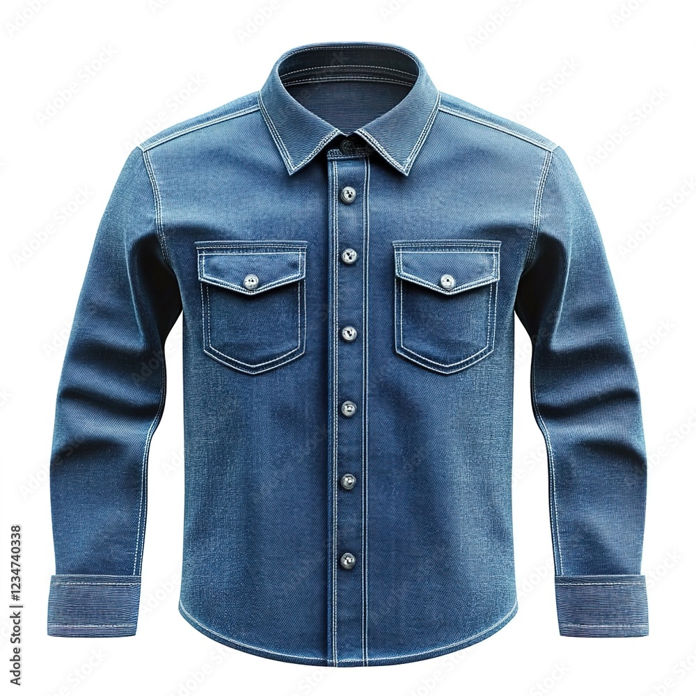 A denim shirt with buttons on the chest and collar, folded at an angle to showcase its pocket design against a white background. A denim shirt with buttons on the chest and collar, folded at an angle to showcase its pocket design against a white background.