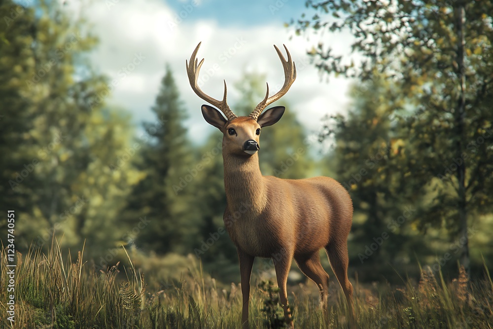 A realistic deer stands in a lush forest setting, surrounded by greenery and trees. A realistic deer stands in a lush forest setting, surrounded by greenery and trees.