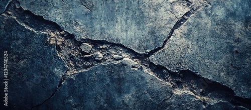 Cracked textured surface of old concrete wall with rough edges and dark coloration Copy Space