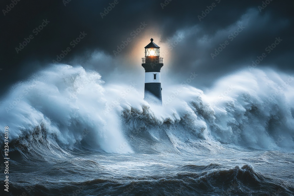 Stormy waves crash against a lighthouse during a dramatic nighttime storm in coastal waters Stormy waves crash against a lighthouse during a dramatic nighttime storm in coastal waters