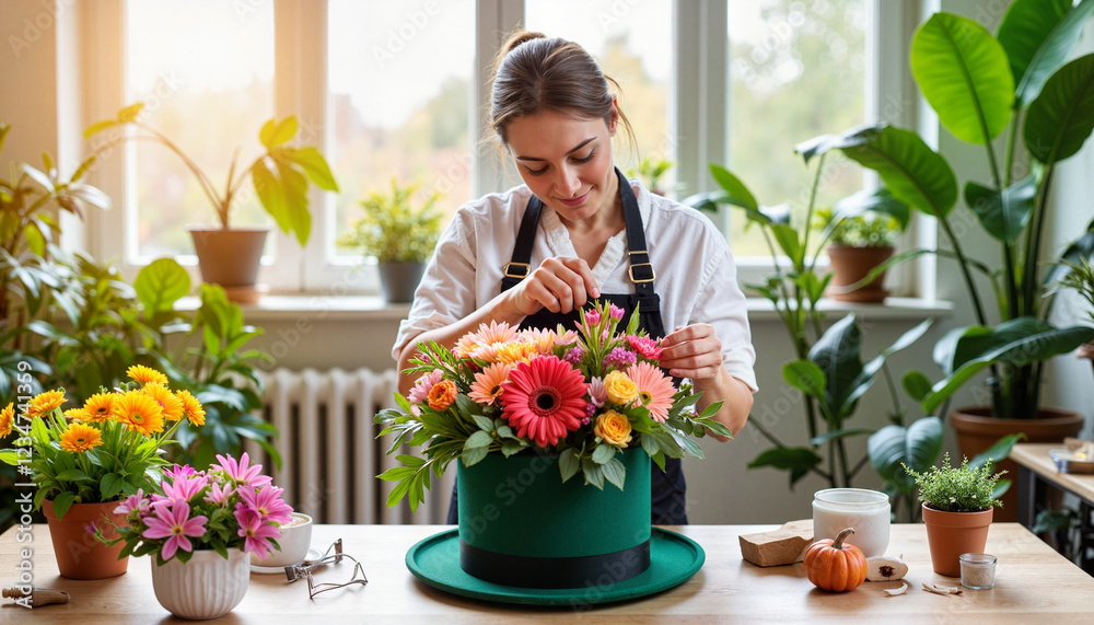 Florist arranging vibrant bouquet on green top hat in studio, artistic freshness Florist arranging vibrant bouquet on green top hat in studio, artistic freshness