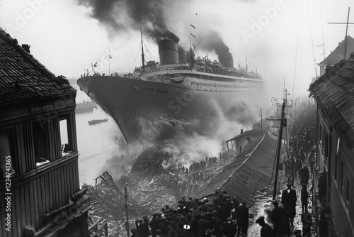 The burning SS VOLTURNO, a passenger ship sailing from Rotterdam to New York City. The photo was taken from one of the 11 ships responding to her SOS of Oct. 9, 1913. 521 passengers and crew members w photo