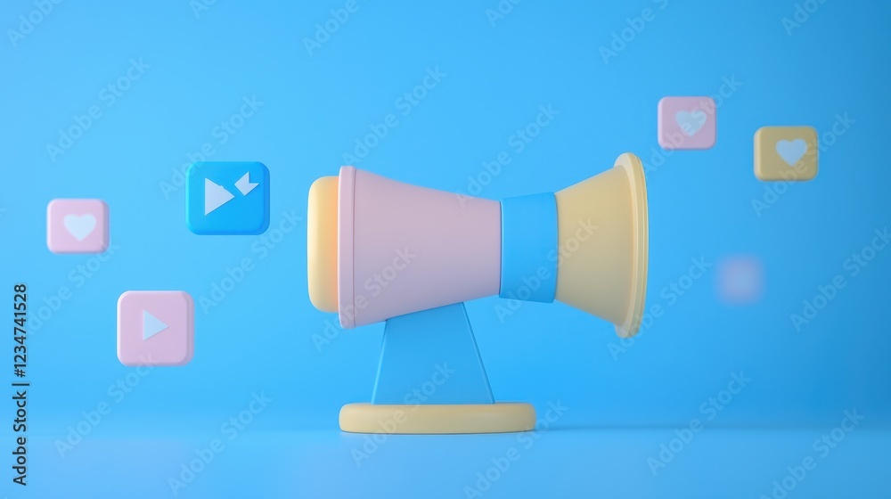 Colorful Megaphone with Social Media Icons on Blue Background Colorful Megaphone with Social Media Icons on Blue Background