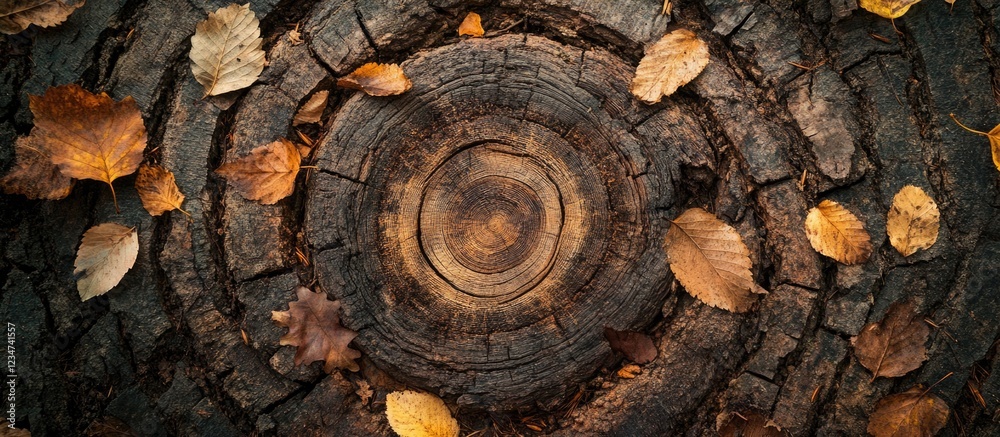 Tree trunk cross-section with autumn leaves on wood surface - natural texture with copy space for text Tree trunk cross-section with autumn leaves on wood surface - natural texture with copy space for text