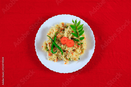 south indian upma in a white plate isolated on red background 