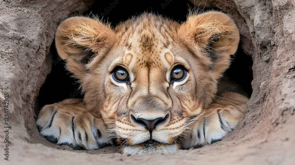 Fototapeta premium Lion cub peering from den, savanna background, wildlife photography