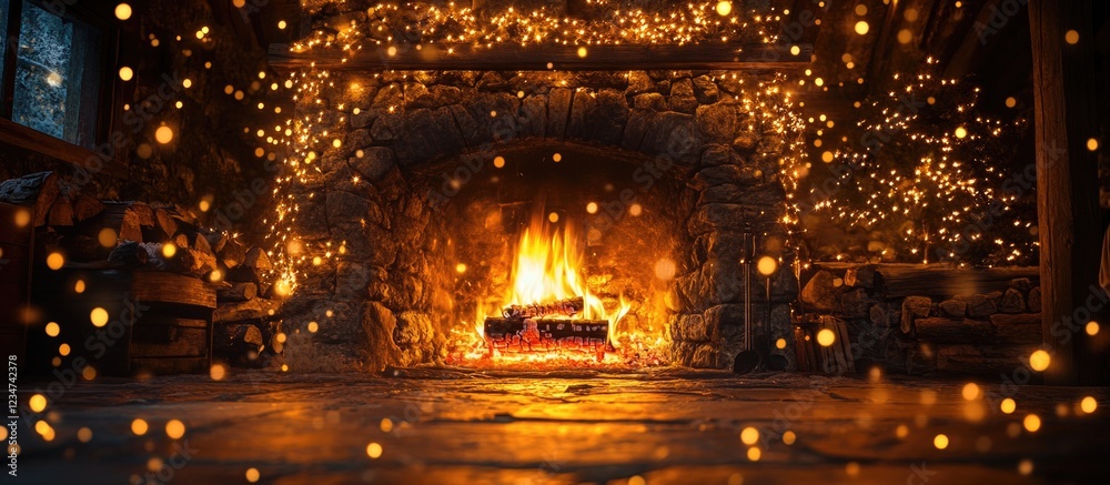 Cozy fireplace with glowing firewood and warm lighting in rustic interior setting with bokeh effect and Copy Space for text Cozy fireplace with glowing firewood and warm lighting in rustic interior setting with bokeh effect and Copy Space for text