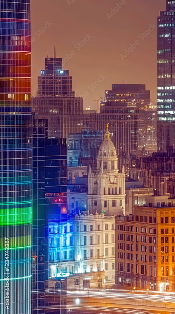 Obraz premium City Skyline Glowing With Vibrant Rainbow Colors Against a Night Backdrop of Urban Architecture