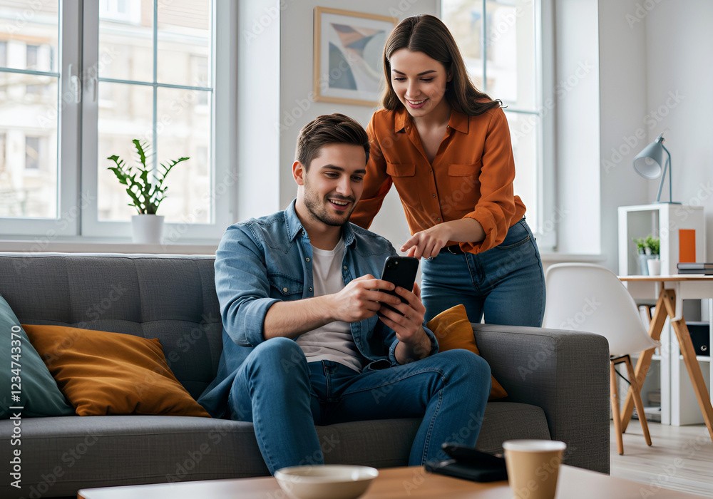 Obraz premium Casual Home Life: Couple Enjoys Time Together with Smartphone