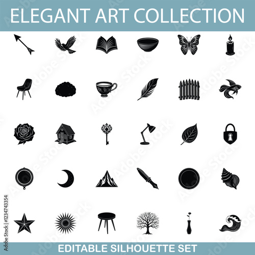 Elegant Black Silhouette Icons Art, Nature, and Home