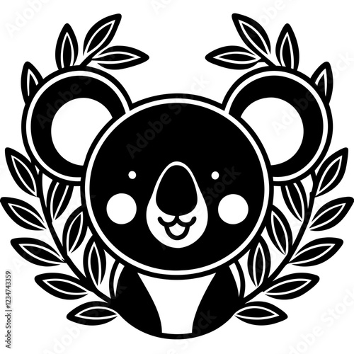 Cartoon Koala Head with Laurel Wreath Frame - Minimalist Black and White Design photo