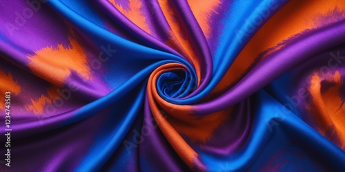 Abstract Colorful Fabric Texture Background Swirling Purple Blue and Orange Silk Drape. photo