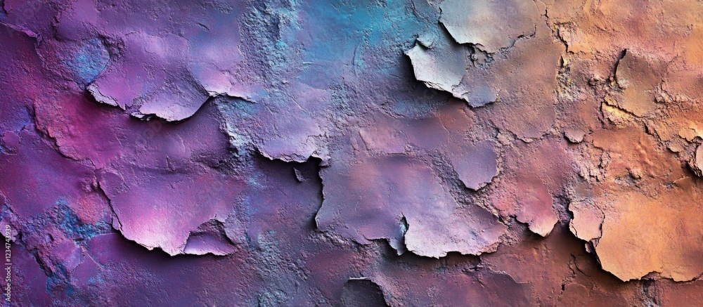 Naklejka premium Colorful textured surface with peeling paint in shades of purple, blue, and orange; Copy Space available for text insertion.