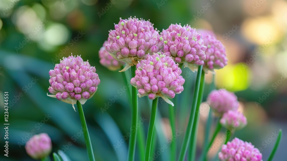 Pink flowering onion plants in a lush green background with soft bokeh effect and Copy Space for text placement. Pink flowering onion plants in a lush green background with soft bokeh effect and Copy Space for text placement.