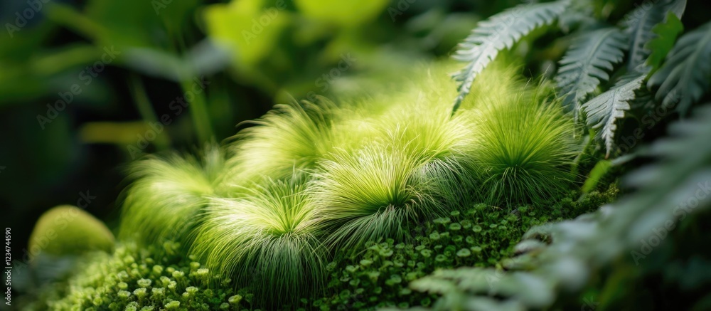 Close-up of vibrant green moss with soft textured tufts in a lush forest setting with blurred background and ample copy space.