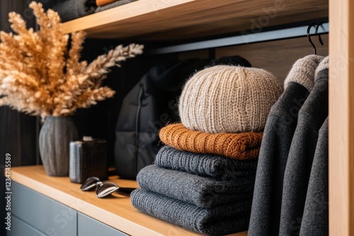 A well-organized closet with clothing items matched to corresponding accessories, emphasizing alignment and order photo