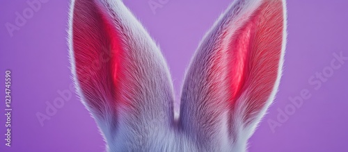 Close-up of rabbit ears against a vibrant purple background featuring soft texture and details with copy space for text placement.