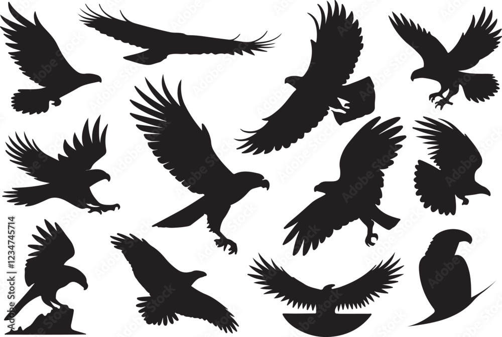 Fototapeta premium A variant style of hawk silhouette vector, flying bird silhouette, flat birds icon illustration design, isolated on a white background.
