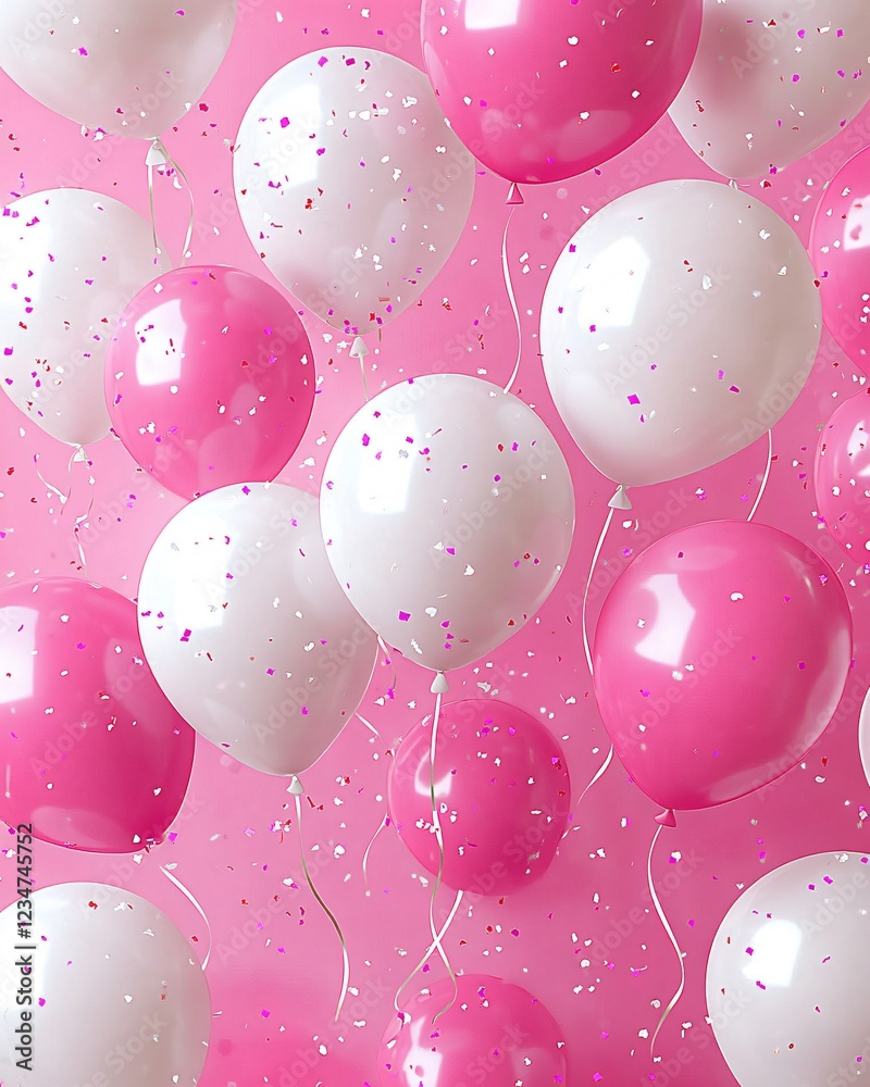 Greeting poster with pink balloons and confetti 