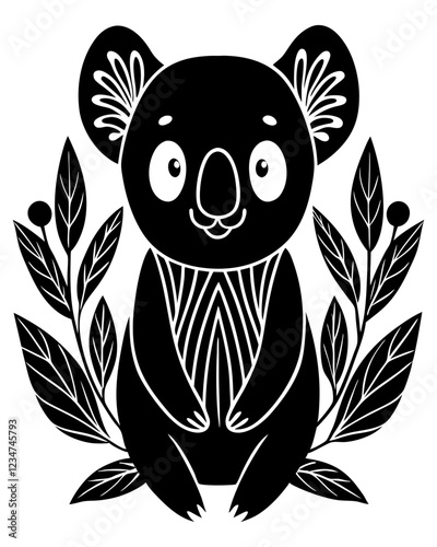 Black and White Koala Silhouette with Stylized Leaf Patterns in Circular Composition