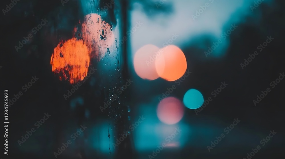 Fototapeta premium Rainy window with blurred street lights at night