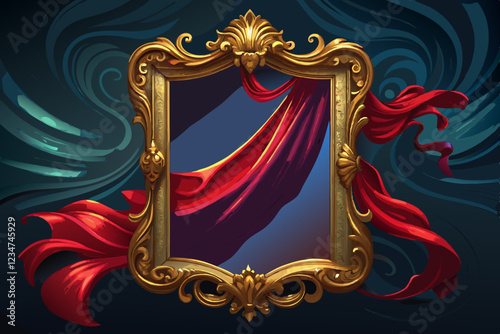 Ornate Golden Picture Frame with Red Silk Fabric and Swirling Teal Background
