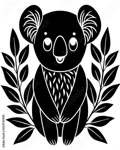 Black and White Koala Silhouette with Stylized Leaf Patterns in Circular Composition