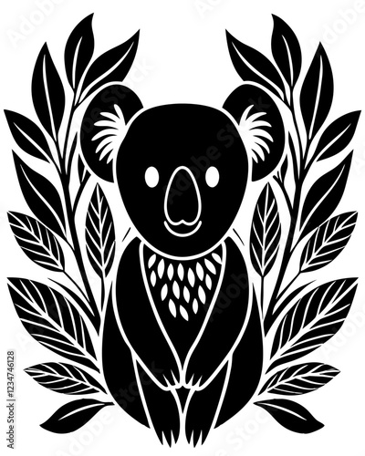 Black and White Koala Silhouette with Stylized Leaf Patterns in Circular Composition