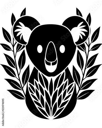 Black and White Koala Silhouette with Stylized Leaf Patterns in Circular Composition