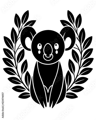 Black and White Koala Silhouette with Stylized Leaf Patterns in Circular Composition